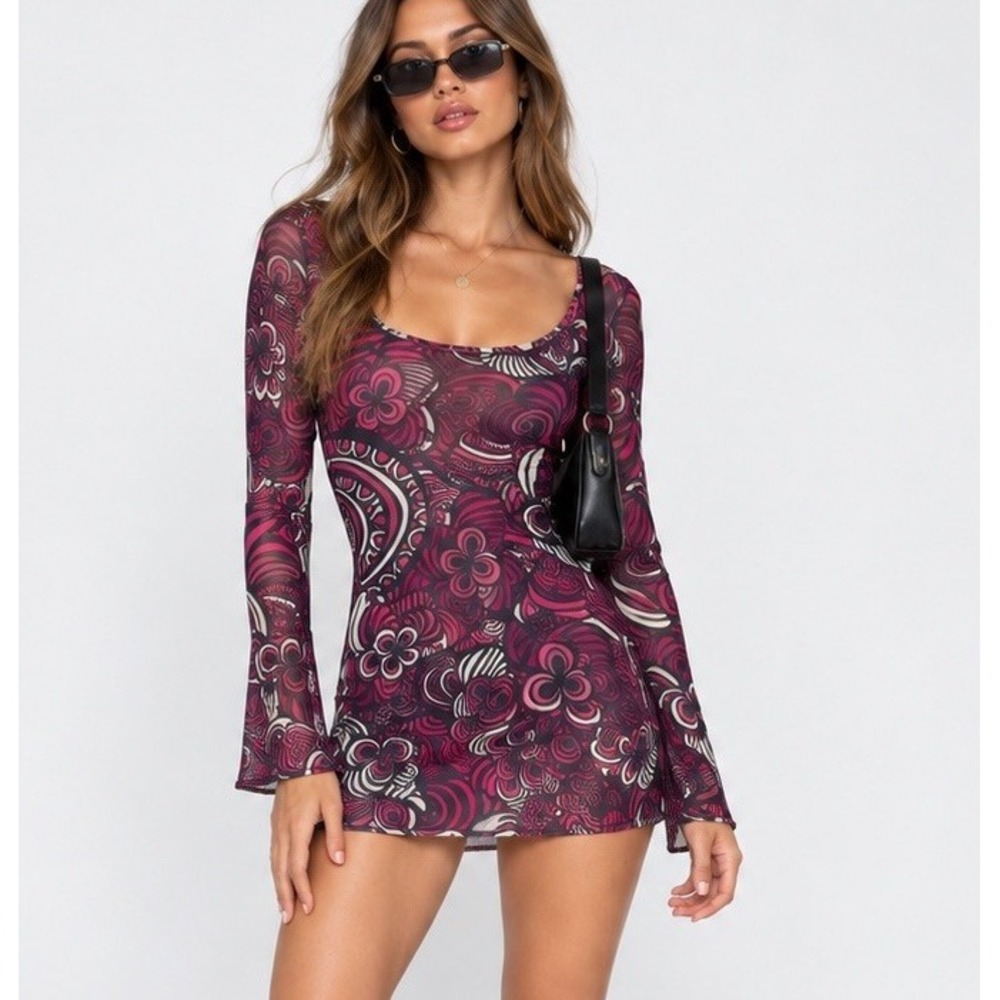 Vintage Y2K Sweet Pea Stacy Frati Mesh Micro Mini Dress Purple Psychedelic Sheer